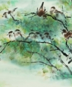 作品已售出,，台北國畫名家陳鳳珠老師春曉瓦雀